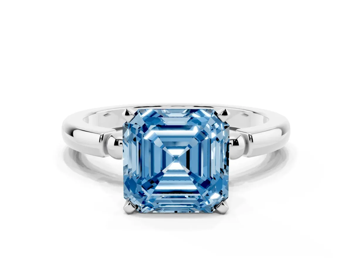 Fancy Blue Asscher Cut Solitaire Beaded Band with Four-Prong Setting Platinum