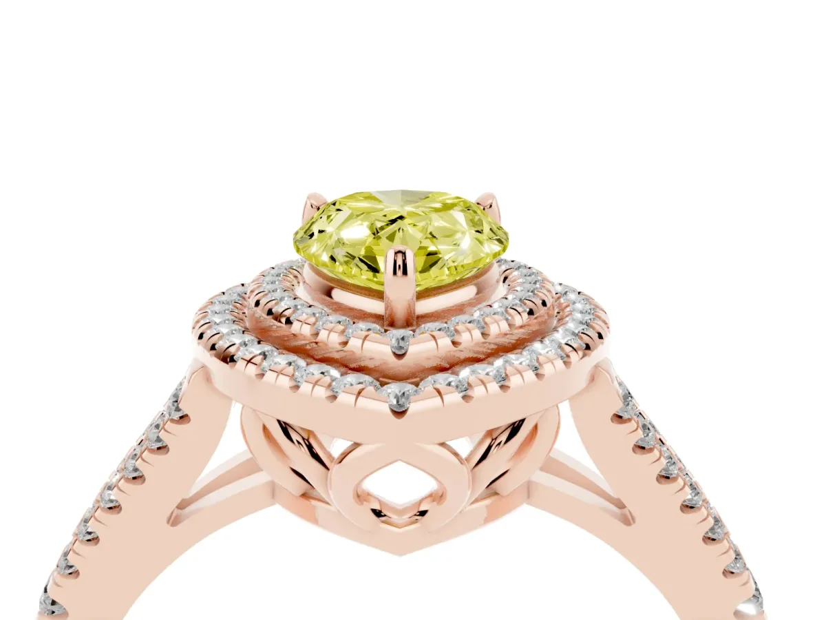 Fancy Yellow Pear Cut Diamond Double Halo Ring with Pavé Band and Prong Setting Rose gold