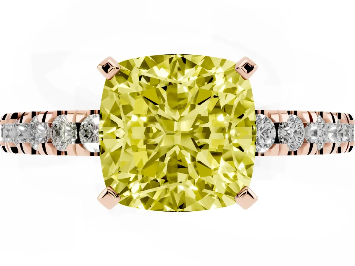 Fancy Yellow Cushion Cut Solitaire Diamond with Pavé Band and Four-Prong Setting Rose gold