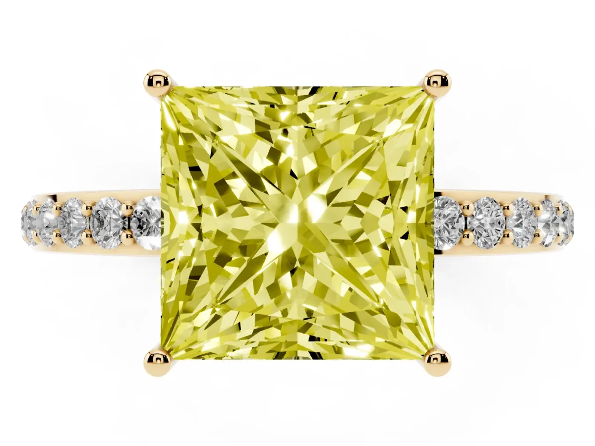 Fancy Yellow Princess Cut Diamond Solitaire Ring with Pavé Band and Hidden Halo Yellow gold