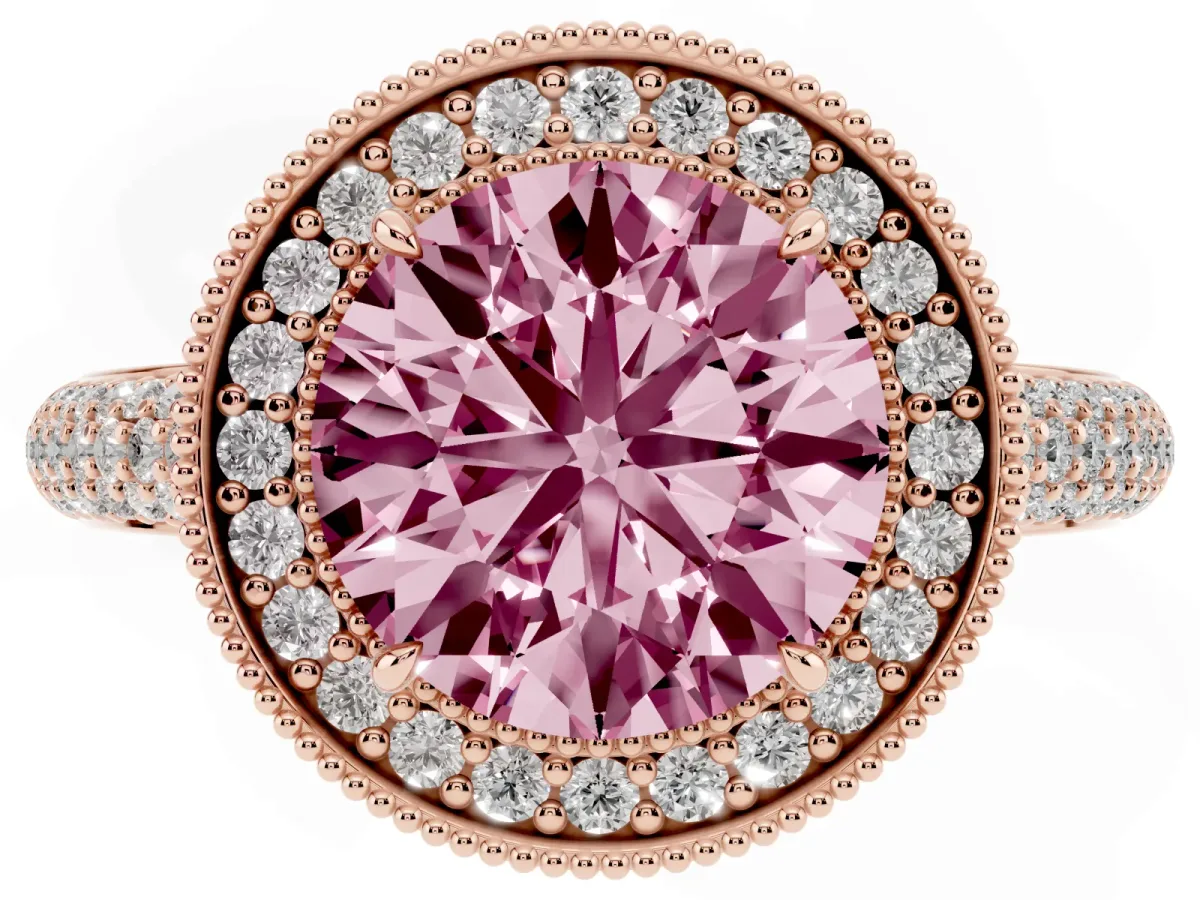 Fancy Pink Round Cut Cut Halo Diamond Pave Band with Four-Prong Setting Rose gold