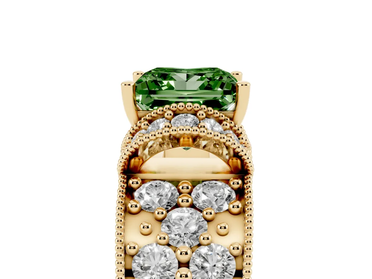 Fancy Green Princess Cut Halo Pave Diamond Engagement Ring with Milgrain Detailing Yellow gold