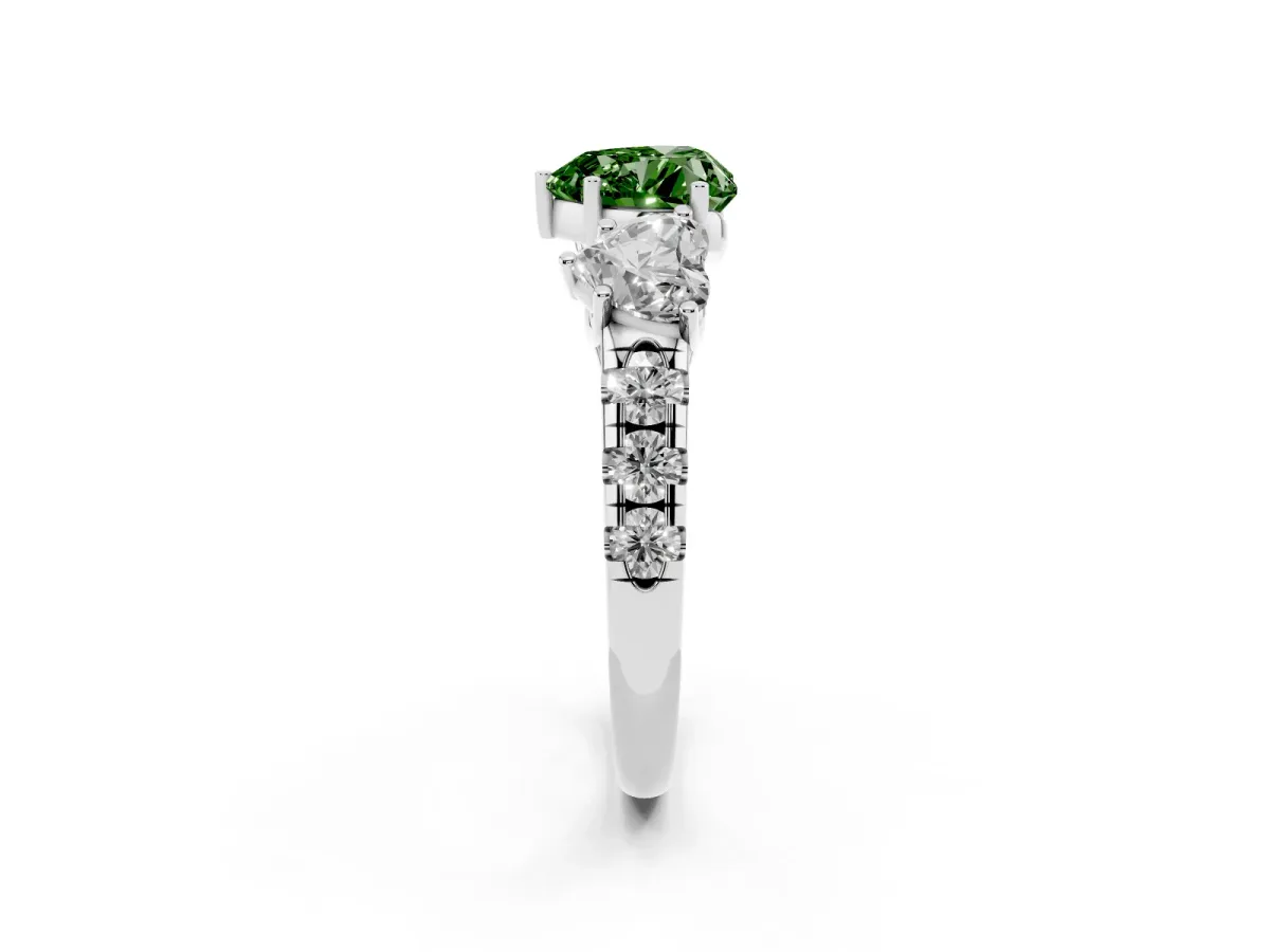 Fancy Green Three-Stone Heart Cut Diamond Pavé Band with Prong Setting Silver