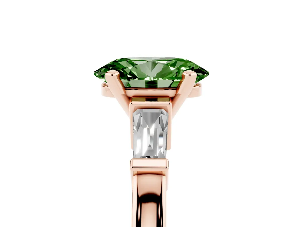 Fancy Green Oval Cut Cut Diamond Solitaire Ring with Tapered Baguette Accents and Four-Prong Setting Rose gold