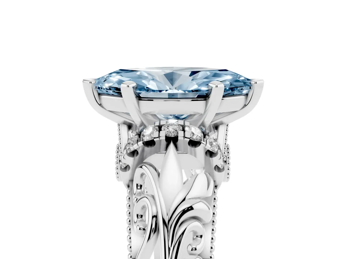 Fancy Blue Marquise Cut Solitaire Filigree Engagement Ring with Halo and Prong Setting Silver