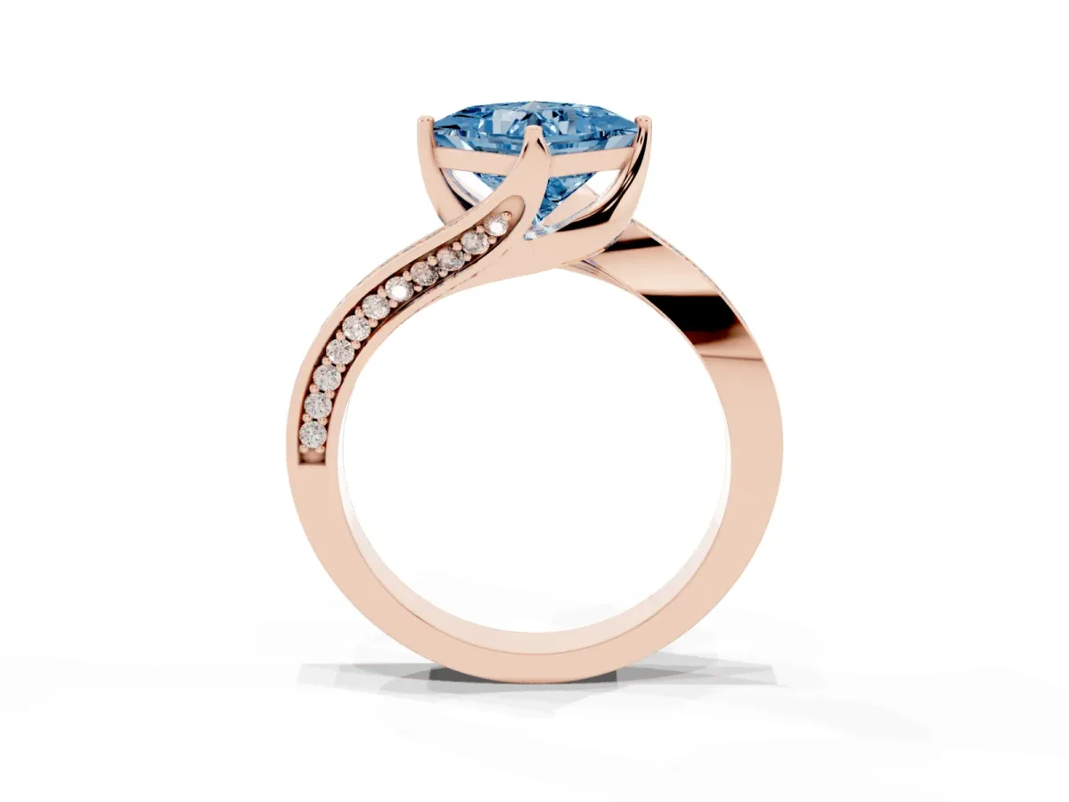 Fancy Blue Princess Cut Solitaire Diamond Twist Band with Pavé Setting and Four-Prong Setting Rose gold