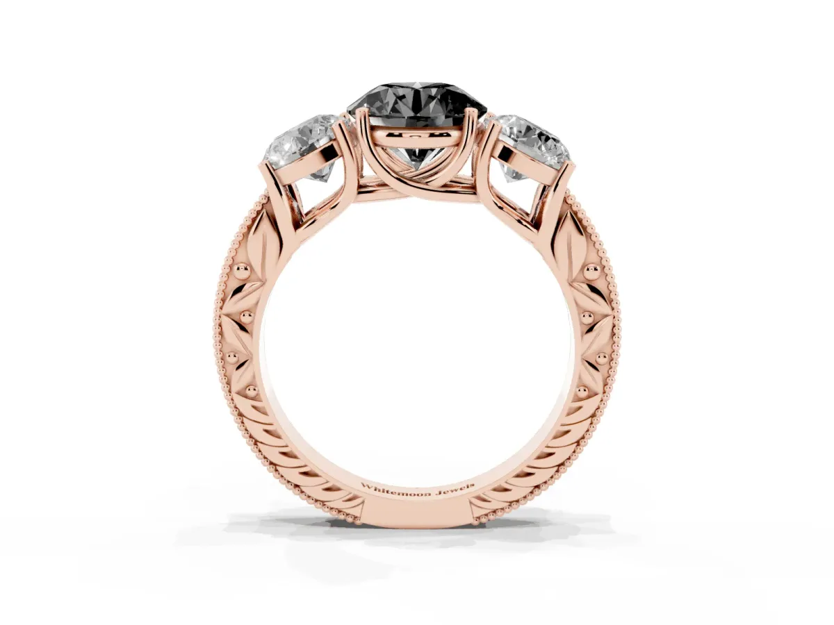 Fancy Black Three-Stone Round Cut Cut Milgrain Pavé Engagement Ring Rose gold