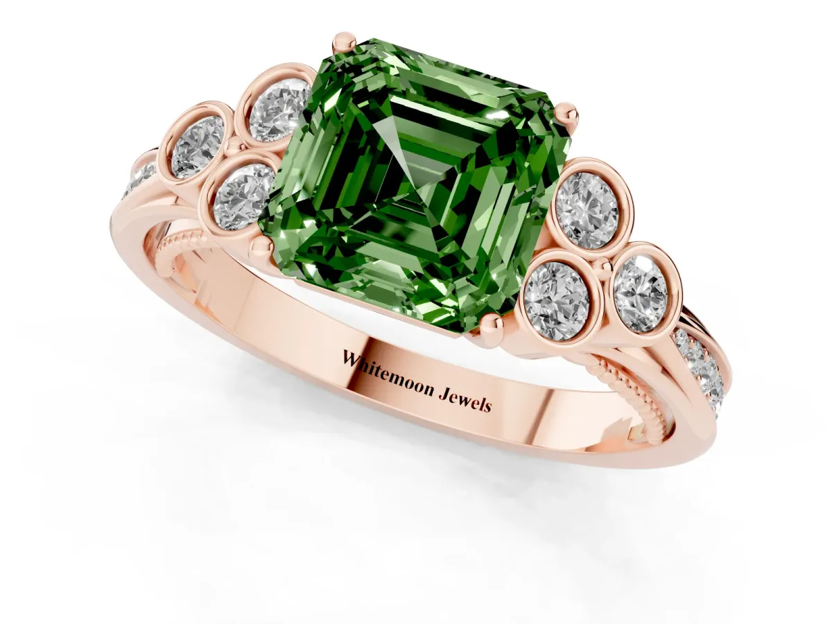 Fancy Green Asscher Cut Cut Diamond Engagement Ring with Bezel Set Round Side Stones and Prong Setting Rose gold