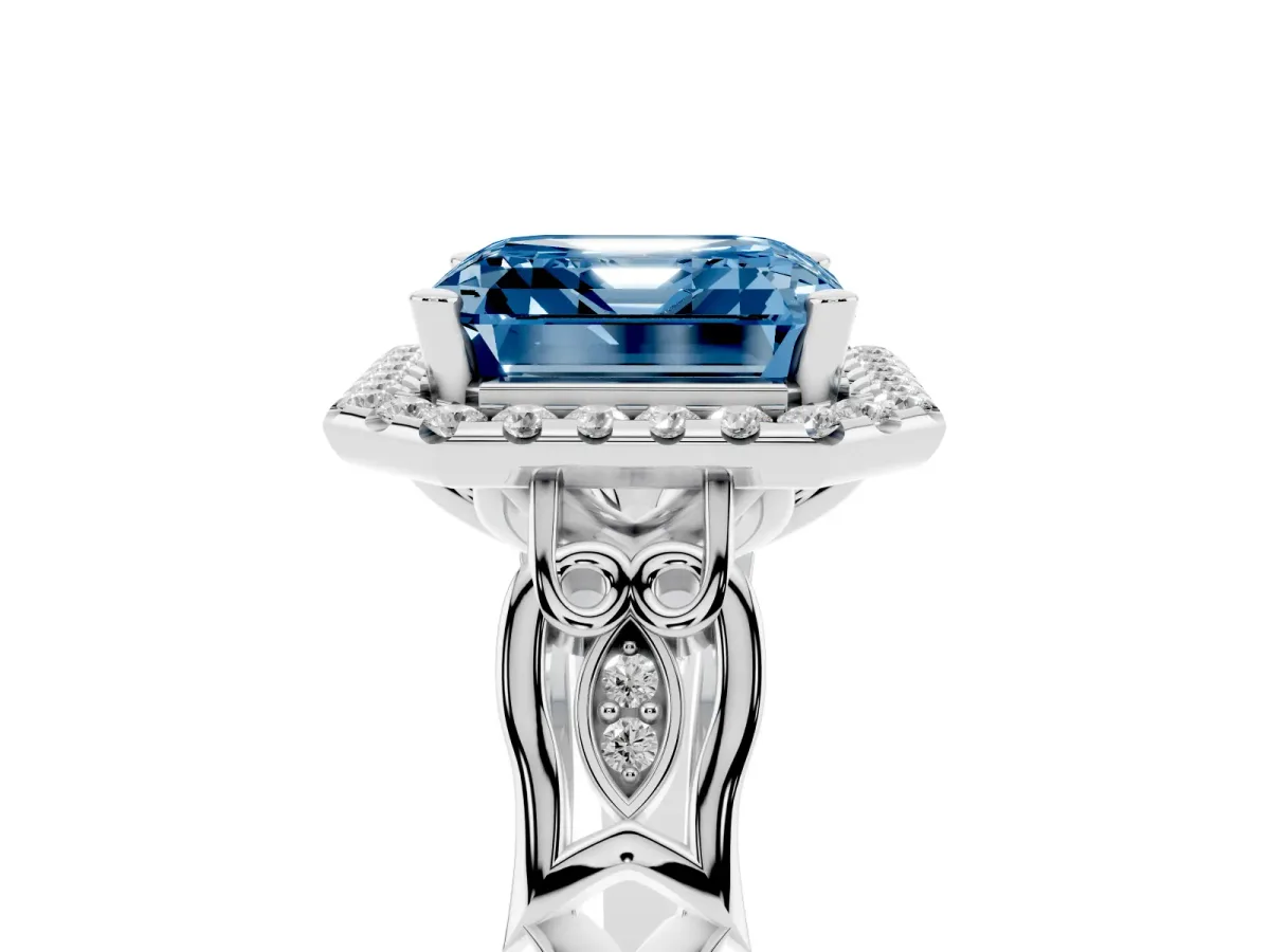 Fancy Blue Asscher Cut Halo Diamond Engagement Ring with Filigree Band and Four-Prong Setting Silver