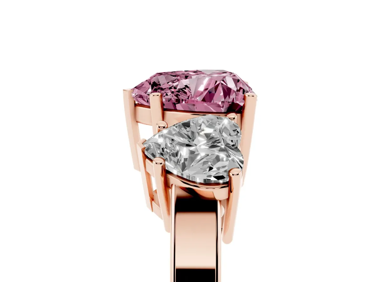 Fancy Pink Three-Stone Heart Cut Cut Diamond Engagement Ring with Flat Band and Four-Prong Setting Rose gold