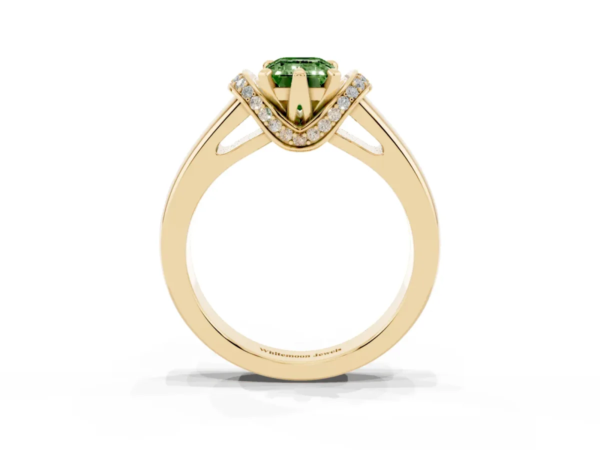 Fancy Green Emerald Cut Solitaire Diamond Ring with Pave Band and Six-Prong Setting Yellow gold