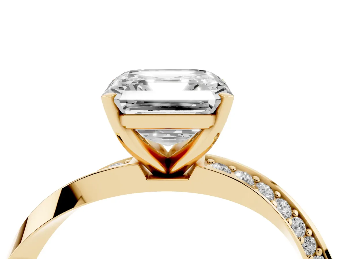 Asscher Cut Diamond Engagement Ring with Side Stone Accents and Four-Prong Setting Yellow gold