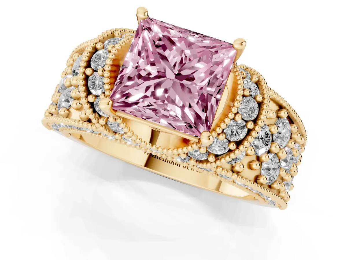 Fancy Pink Princess Cut Halo Pave Diamond Engagement Ring with Milgrain Detailing Yellow gold