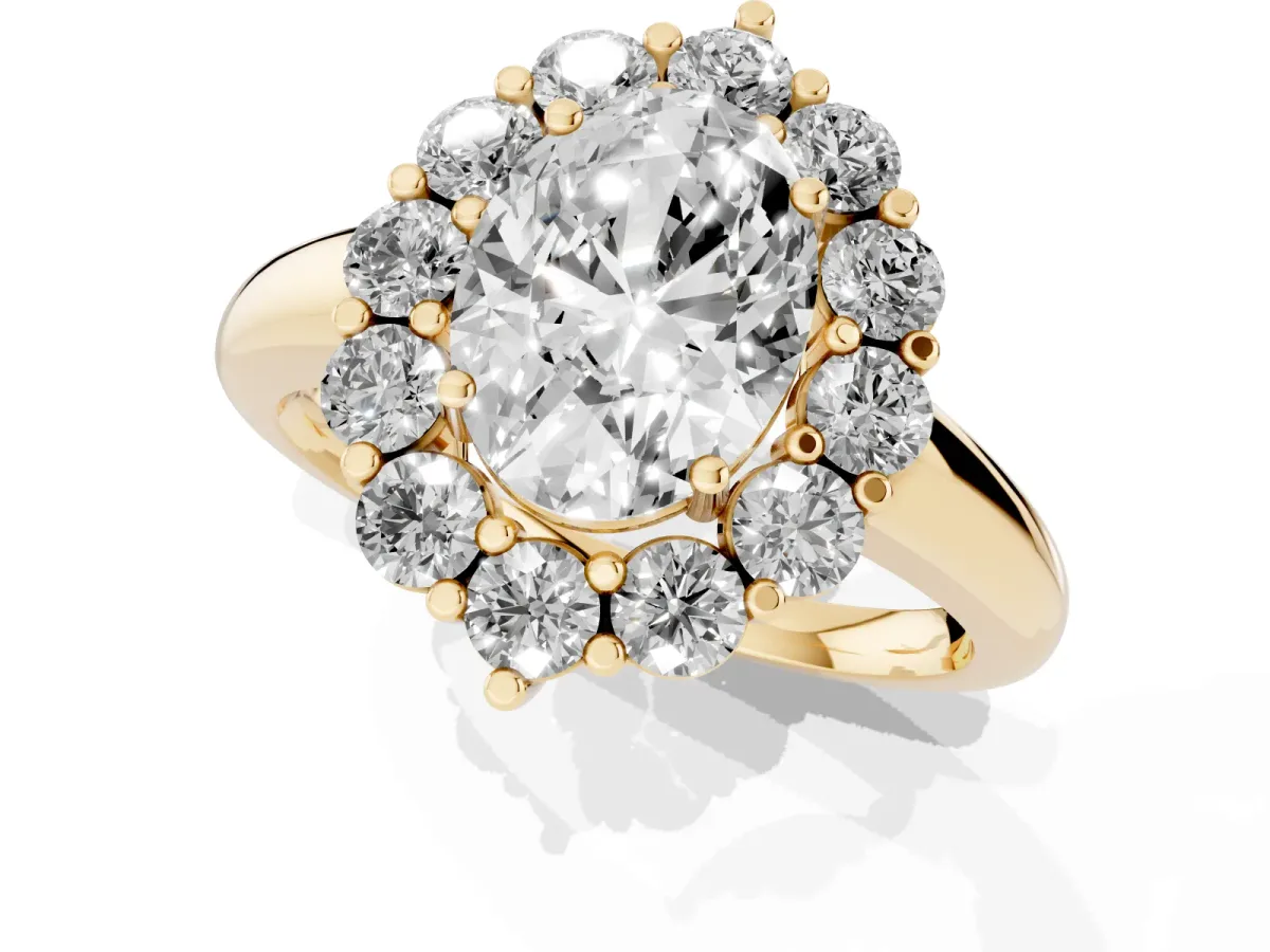 Oval Cut Halo Cluster Diamond Engagement Ring with Prong Setting and Polished Band Yellow gold