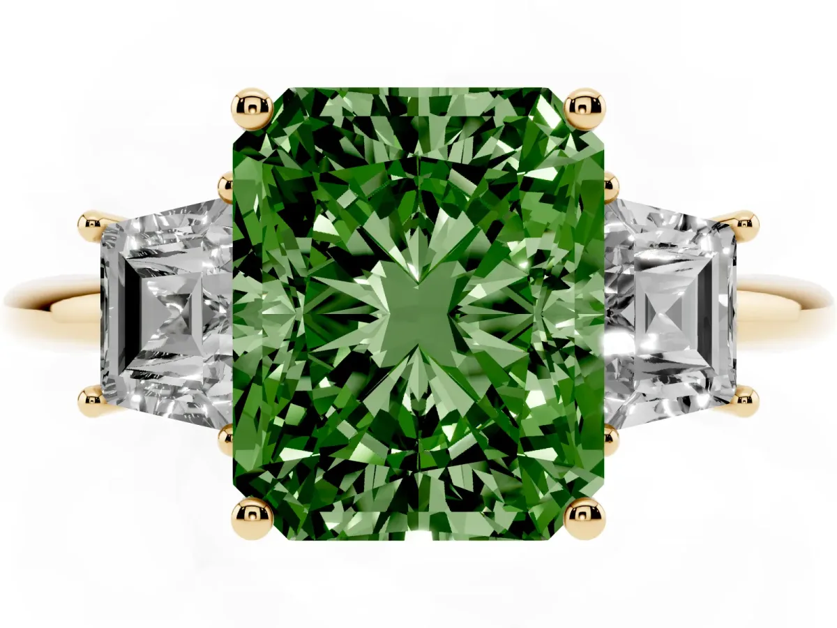 Fancy Green Radiant Cut Diamond Three-Stone Ring with Trapezoid Side Stones and Prong Setting Yellow gold