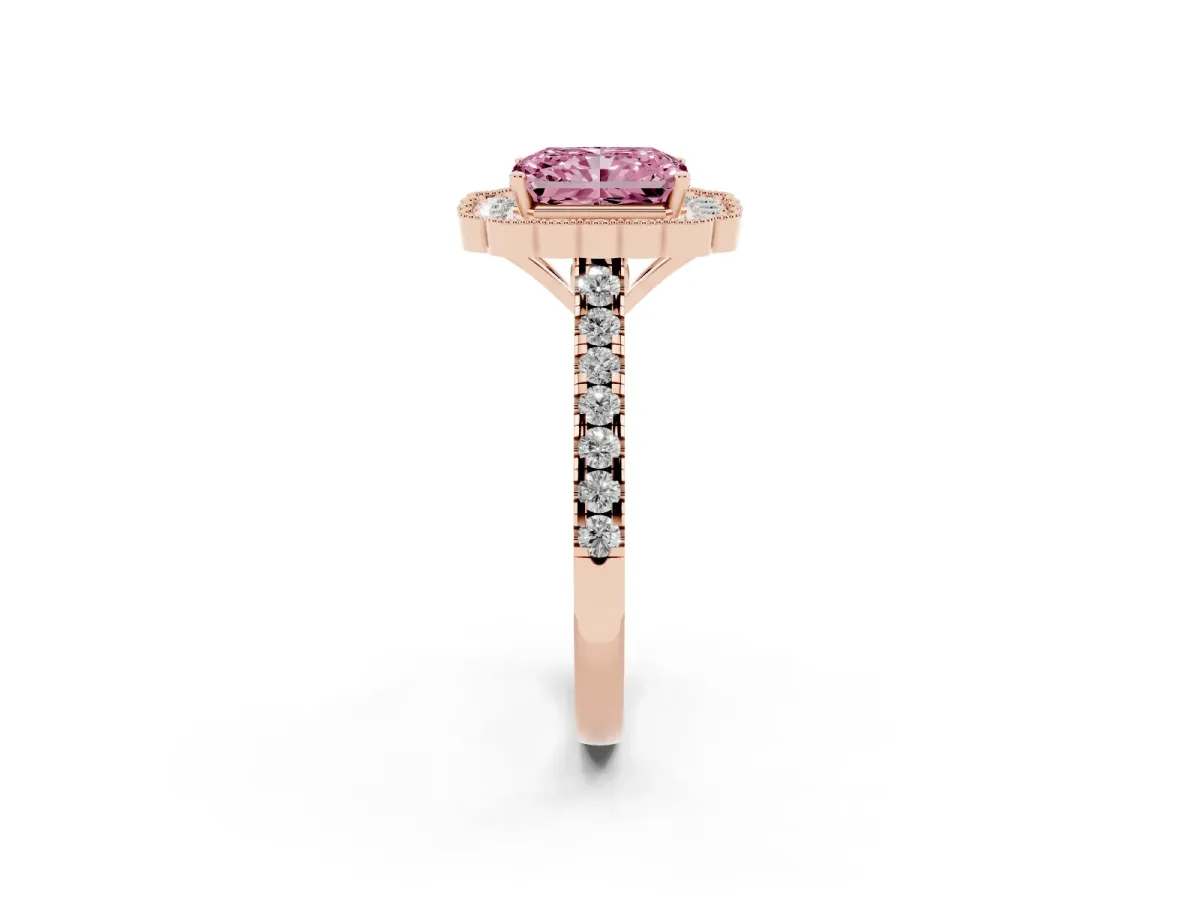 Fancy Pink Radiant Cut Cut Diamond Milgrain Floral Halo Engagement Ring with Pavé Band Rose gold