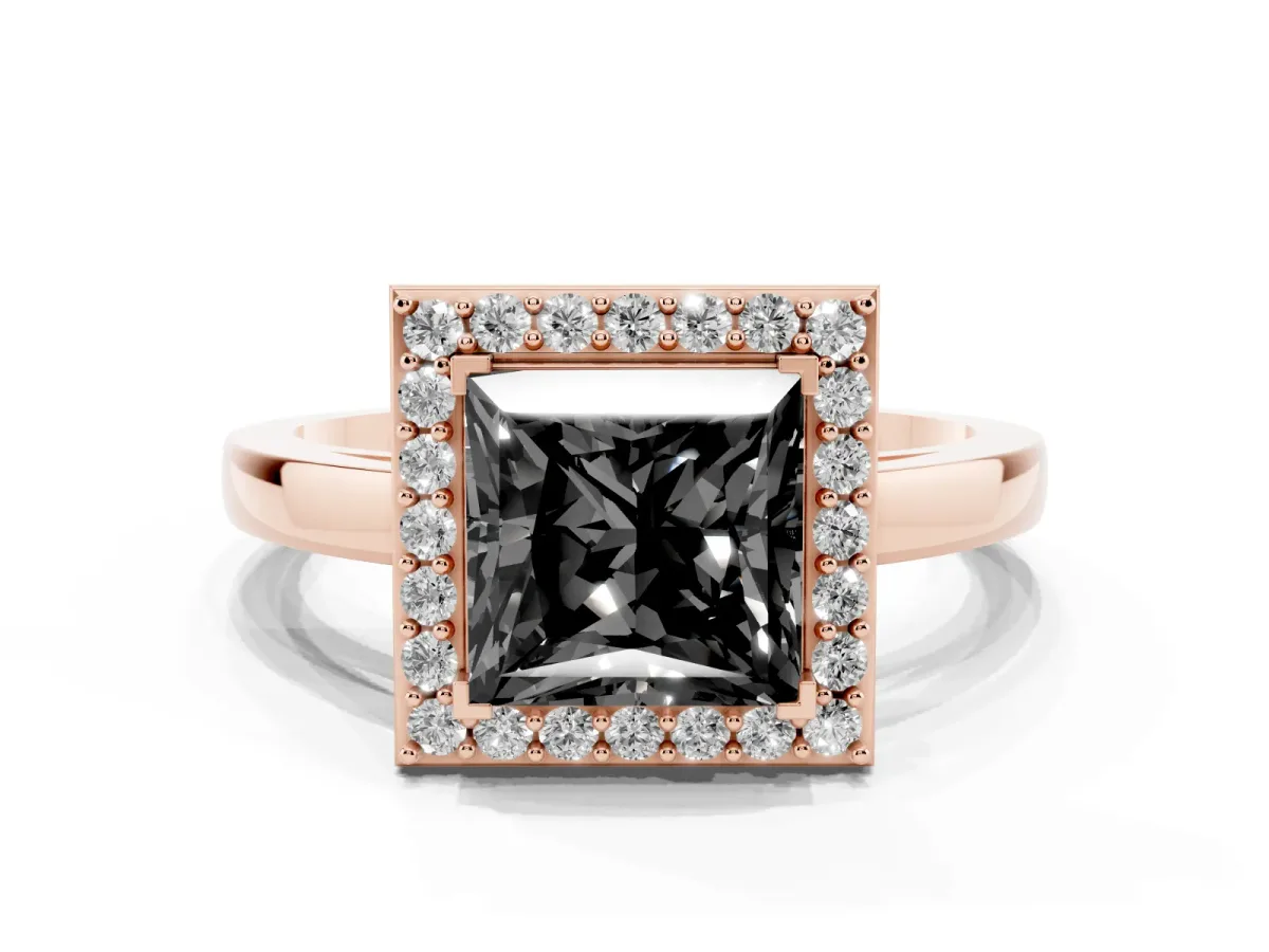 Fancy Black Princess Cut Halo Diamond Ring with Solitaire Band and Prong Setting Rose gold