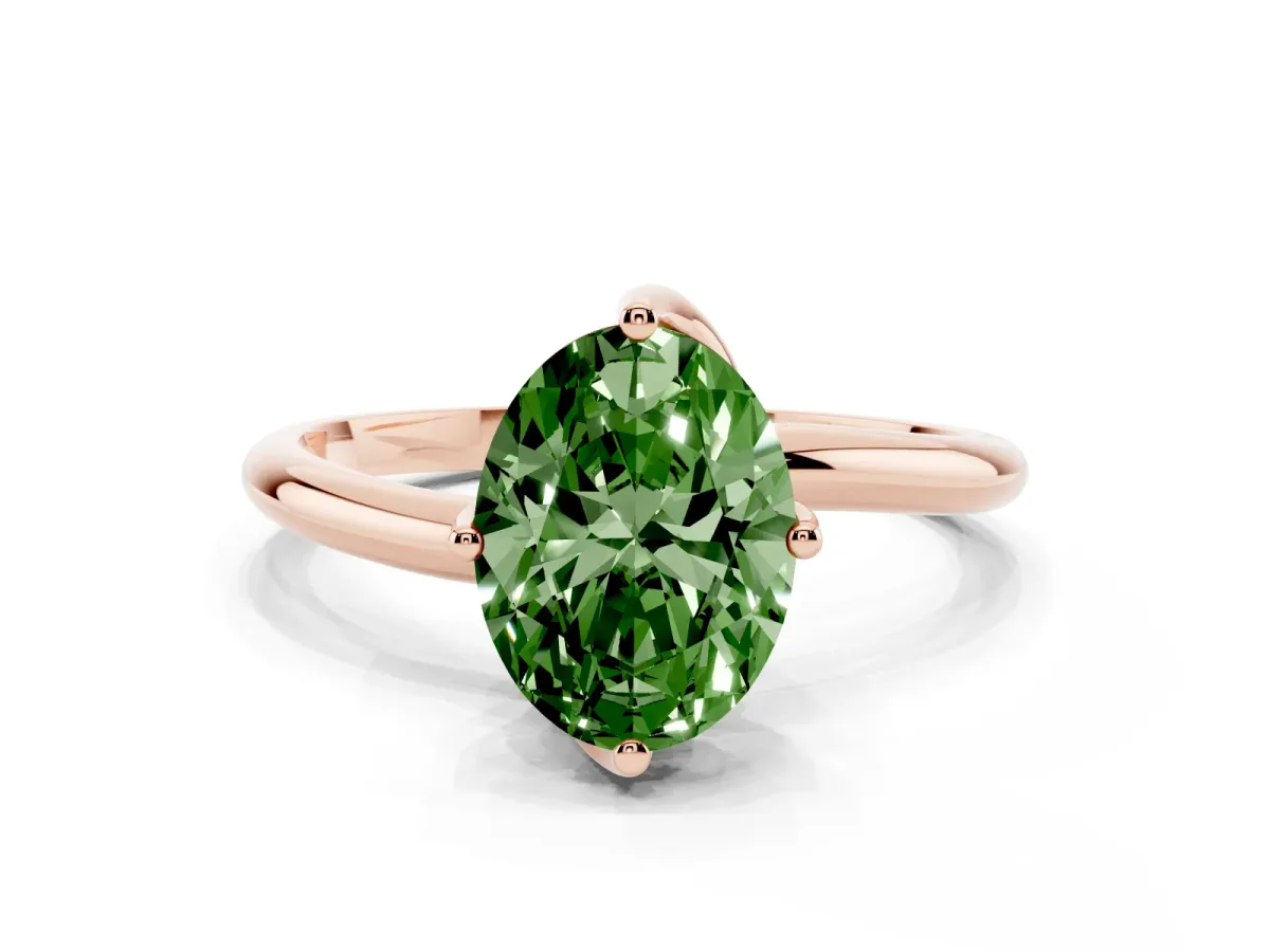Fancy Green Oval Cut Diamond Solitaire Engagement Ring with Four-Prong Setting and Classic Band Rose gold