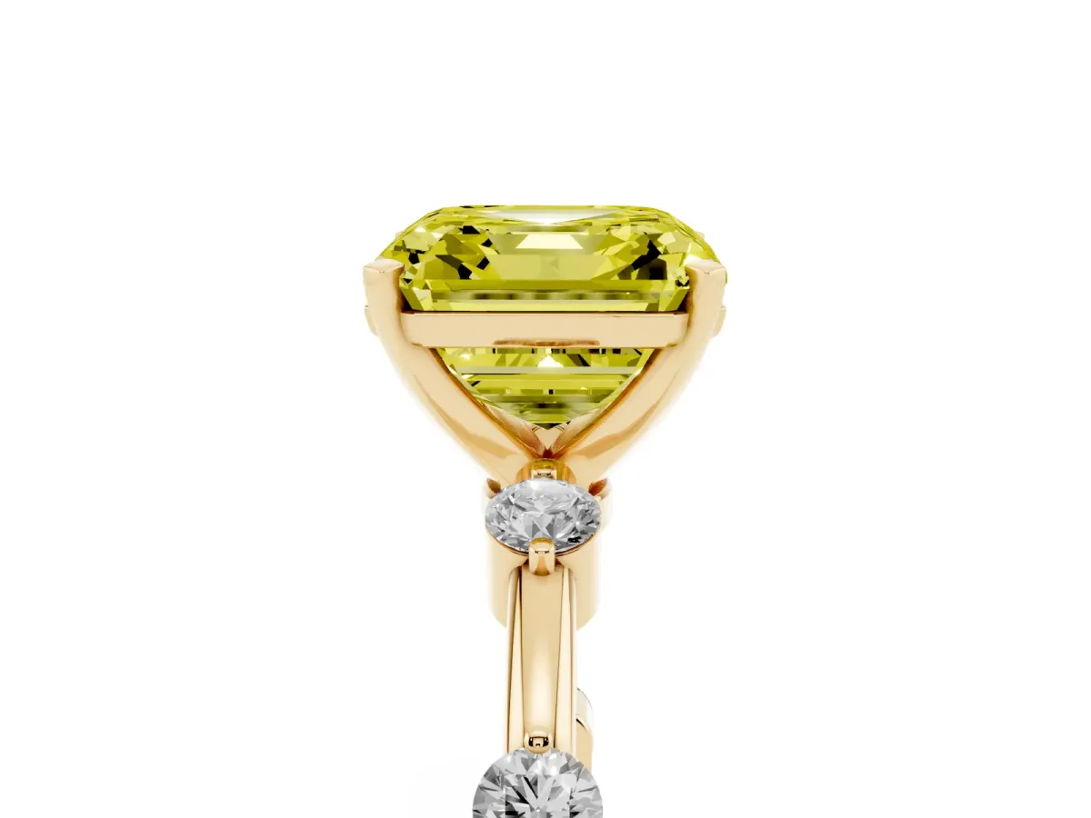 Fancy Yellow Asscher Cut Solitaire Diamond Ring with Bezel Set Side Stones and Prong Setting Yellow gold