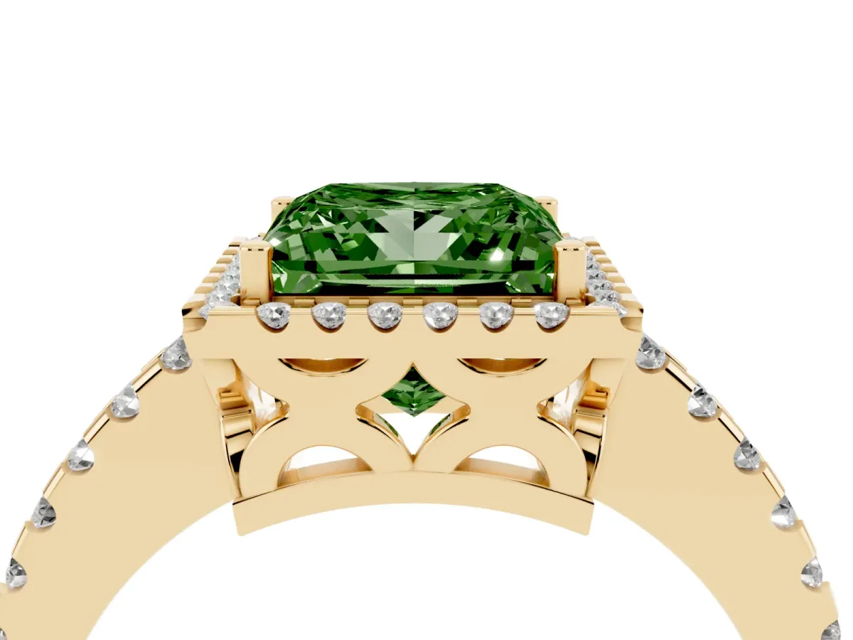 Fancy Green Princess Cut Diamond Halo Engagement Ring with Pavé Band and Prong Setting Yellow gold