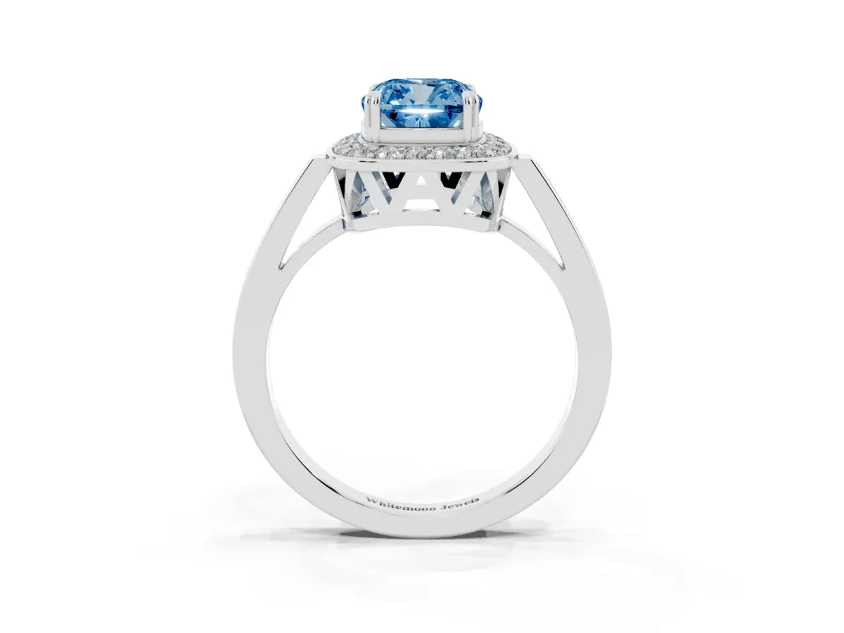 Fancy Blue Cushion Cut Diamond Halo Ring with Split Shank and Four-Prong Setting Silver