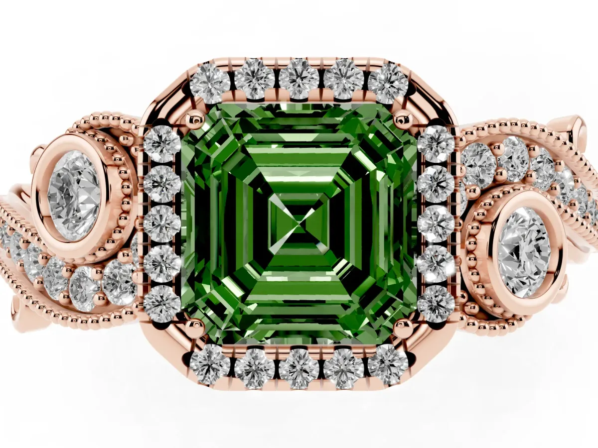 Fancy Green Asscher Cut Diamond Halo Ring with Milgrain Pavé Band and Four-Prong Setting Rose gold