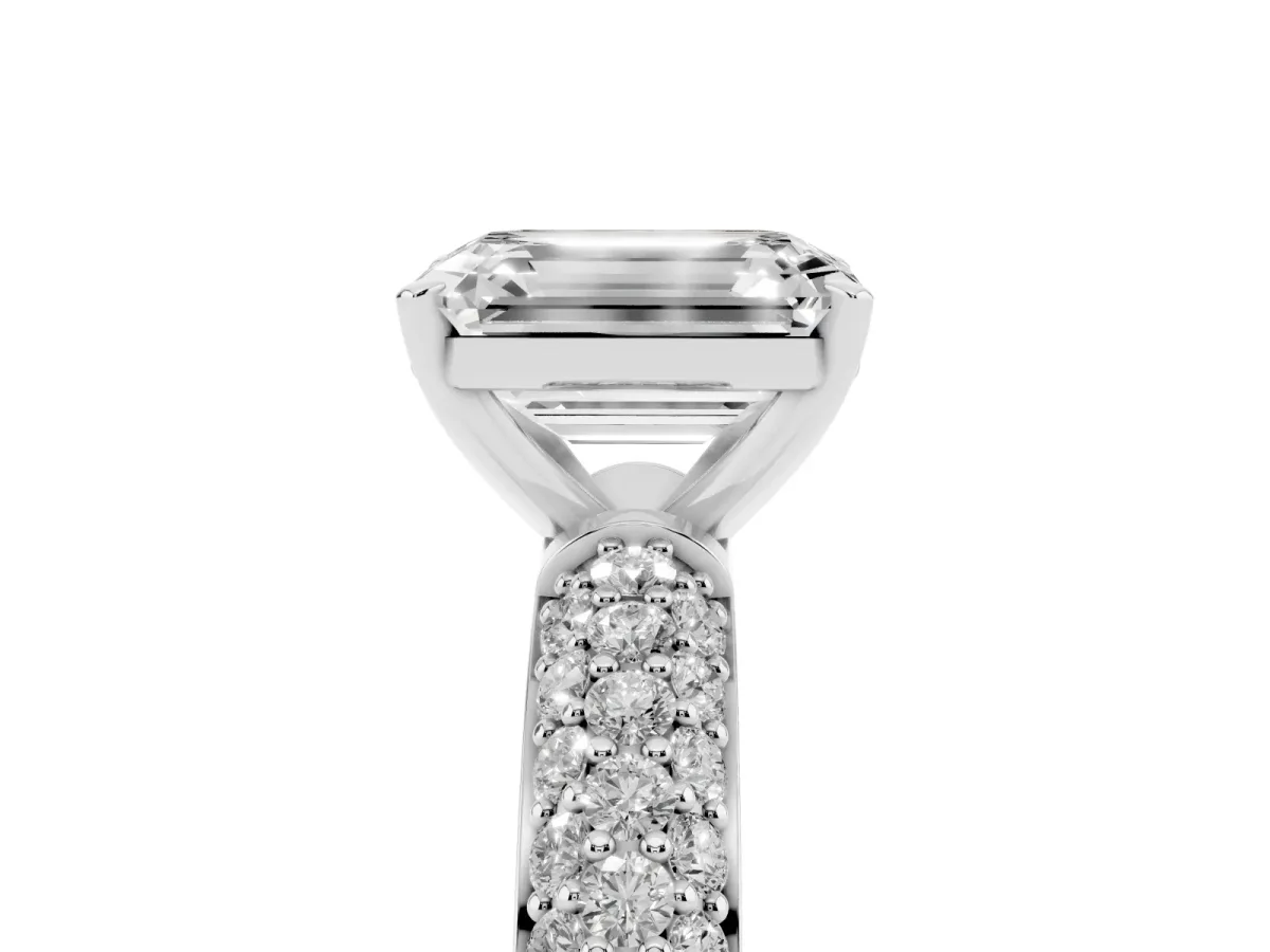 Emerald Cut Diamond Solitaire Ring with Prong Setting and Pavé Band Silver