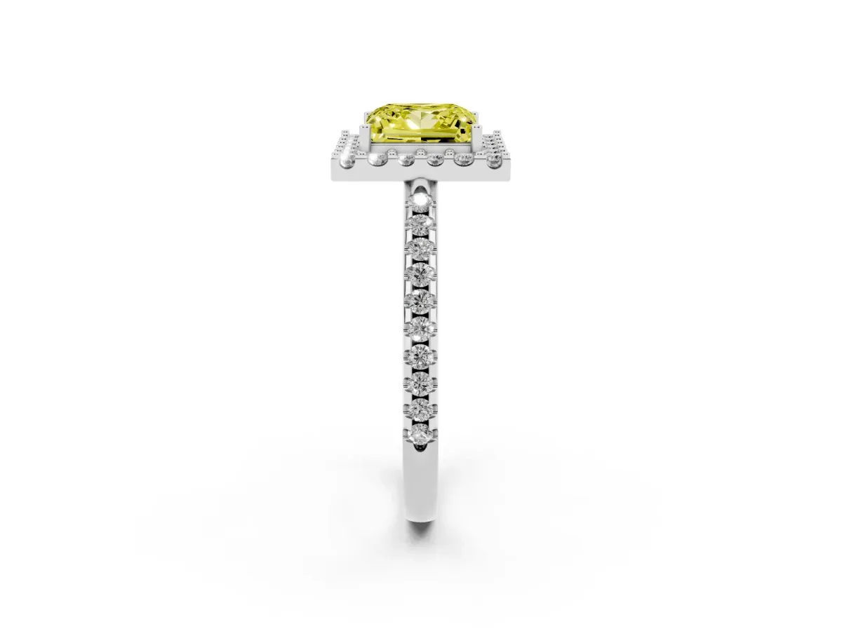 Fancy Yellow Princess Cut Diamond Pavé Halo Ring with Four-Prong Setting Silver