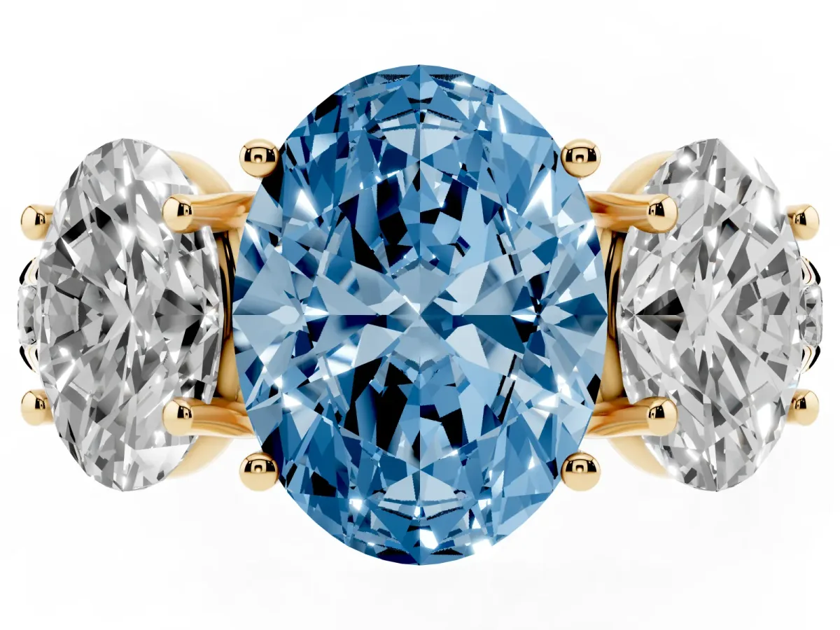 Fancy Blue Three-Stone Oval Cut Diamond Pavé Band with Prong Setting Yellow gold