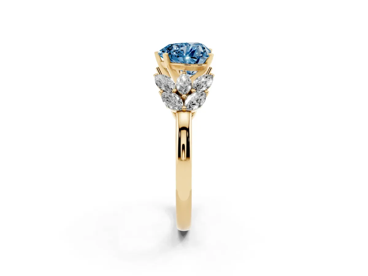 Fancy Blue Heart Cut Diamond Cluster Leaf Design Ring with Prong Setting Yellow gold
