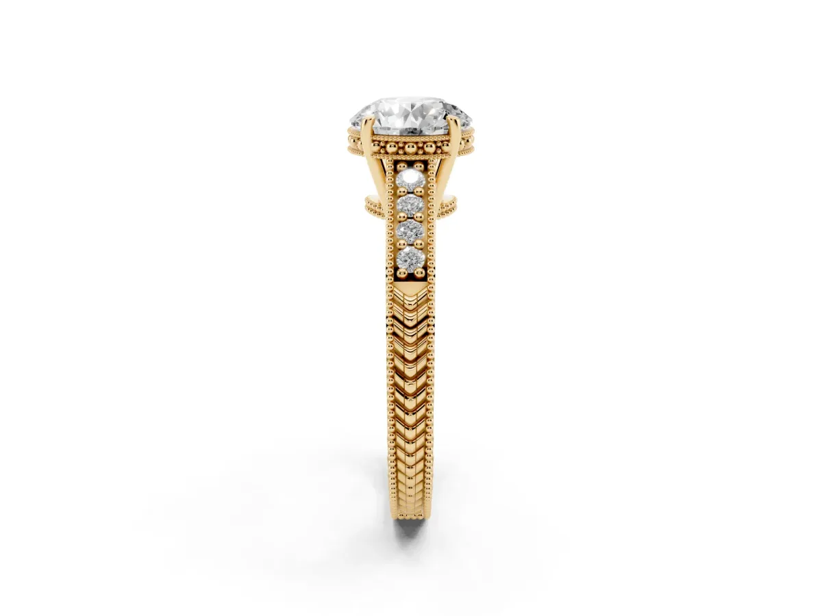 Round Cut Solitaire Pavé Diamond Milgrain Engagement Ring with Four-Prong Setting Yellow gold