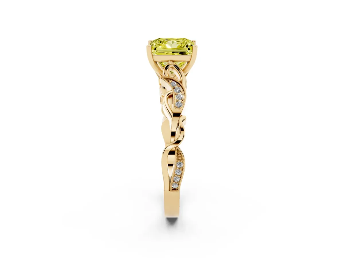 Fancy Yellow Princess Cut Solitaire Vine Band with Milgrain Prong Setting Yellow gold
