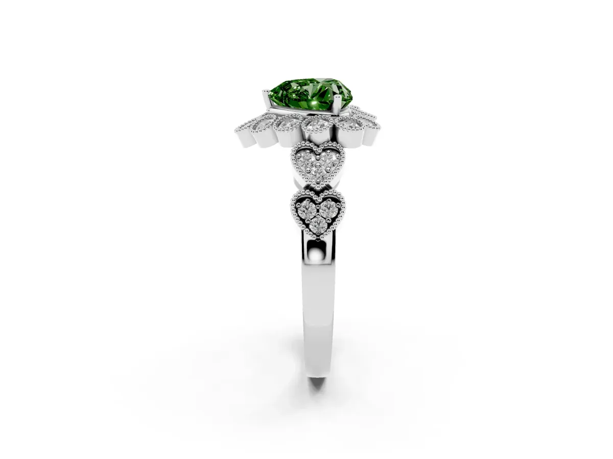 Fancy Green Heart Cut Brilliant Milgrain Pave Heart Band Solitaire Ring Platinum