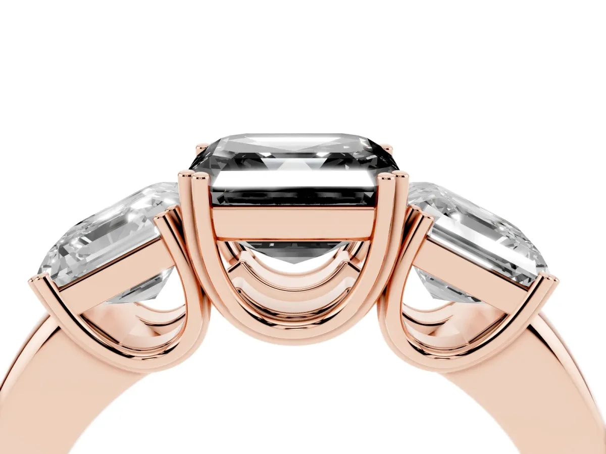Fancy Black Three-Stone Asscher Cut Cut Diamond Ring with Channel Set Band and Four-Prong Setting Rose gold