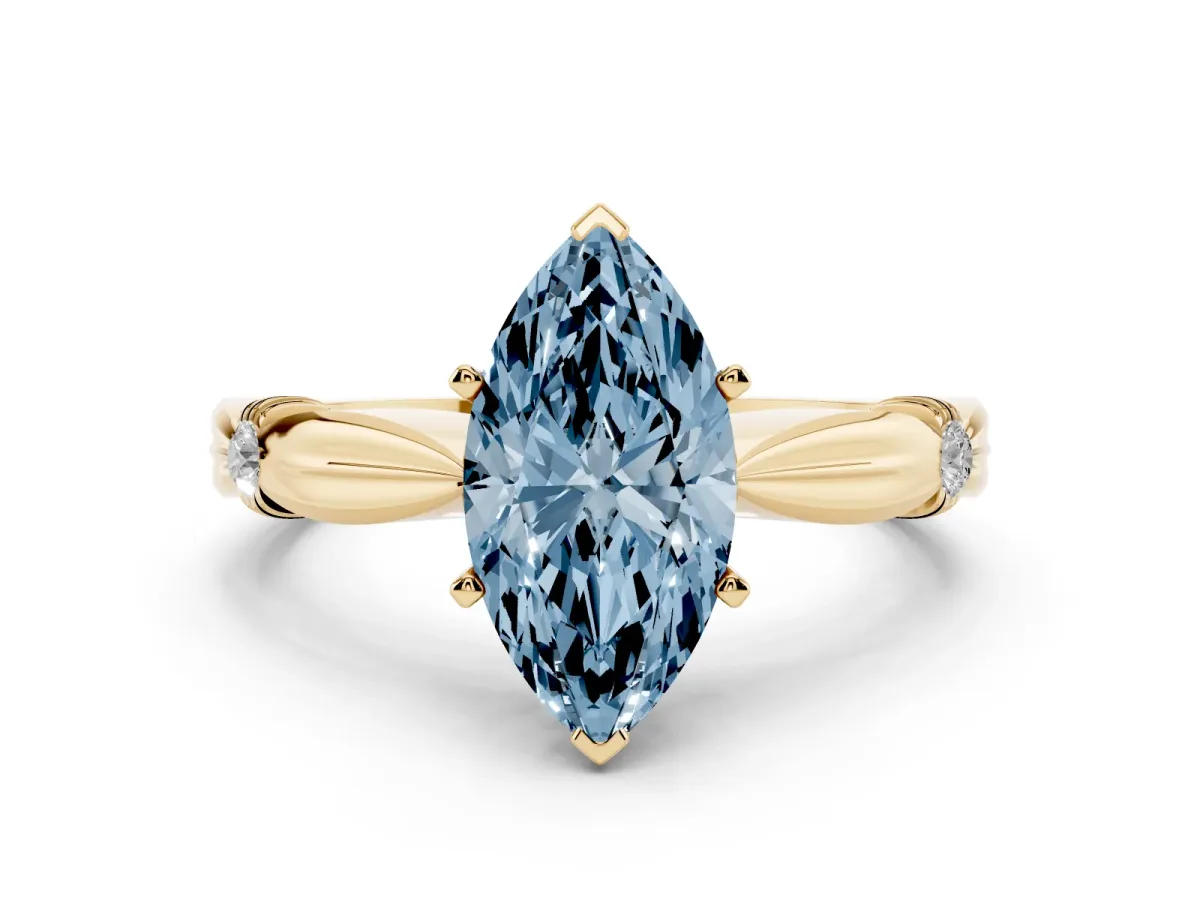 Fancy Blue Marquise Cut Solitaire Diamond Twisted Band with Four-Prong Setting Yellow gold