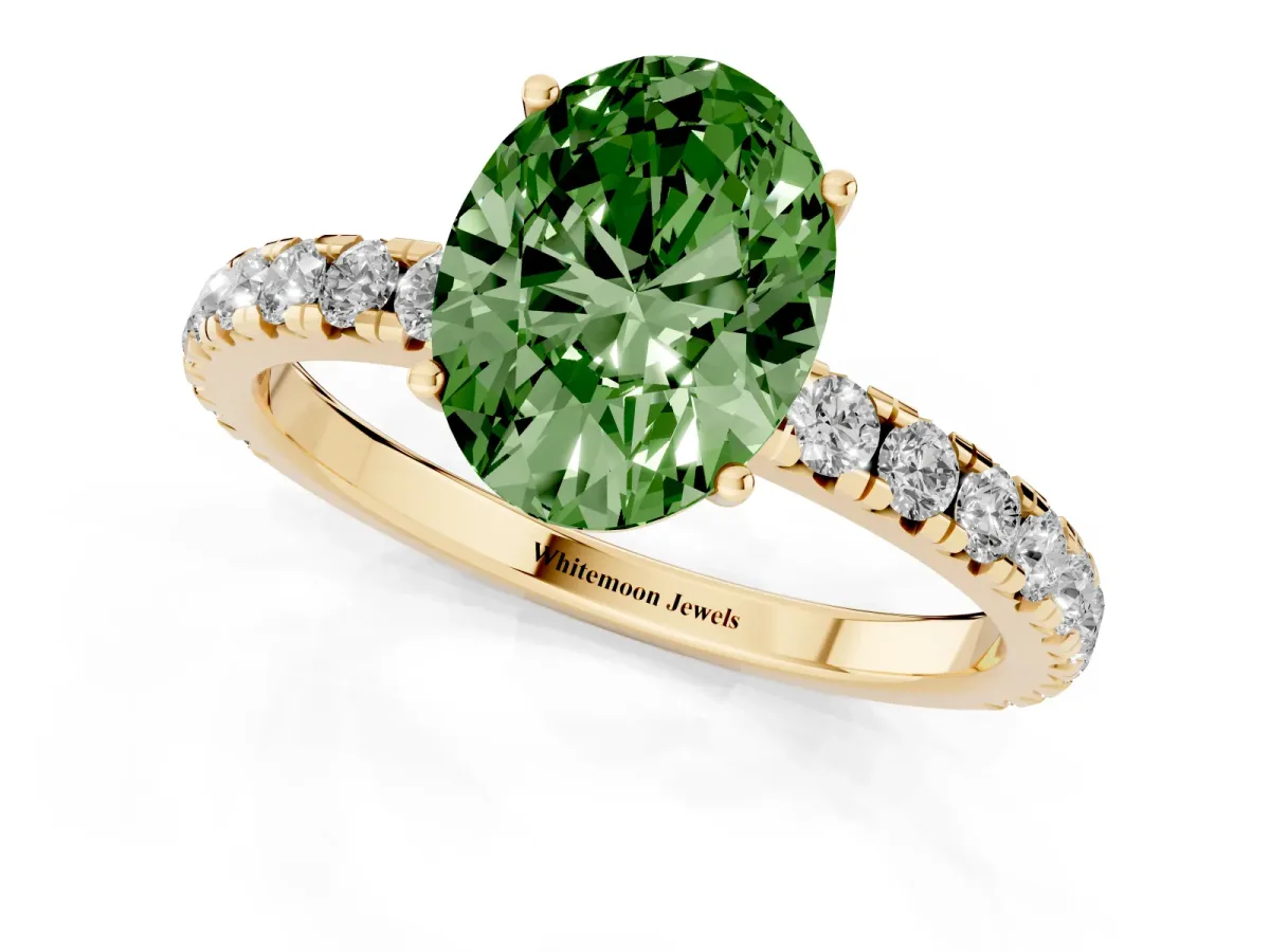Fancy Green Oval Cut Diamond Pavé Solitaire Engagement Ring with Four-Prong Setting Yellow gold