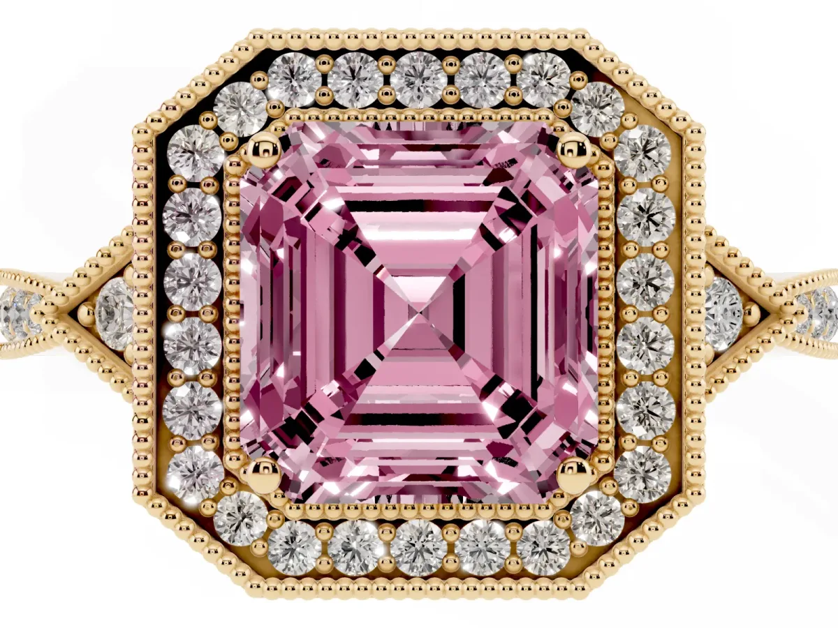 Fancy Pink Asscher Cut Halo Round Diamond Milgrain Pave Engagement Ring Yellow gold