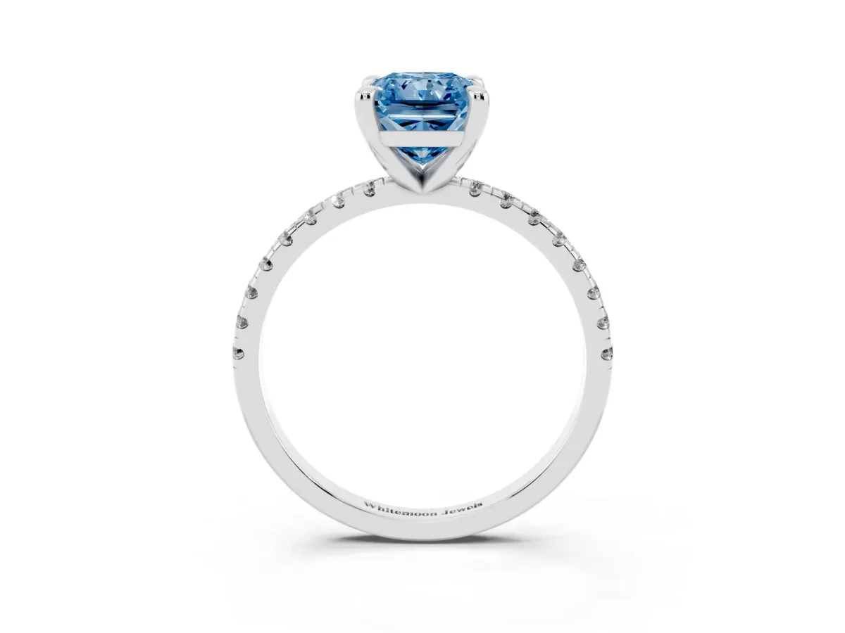 Fancy Blue Radiant Cut Diamond Brilliant Solitaire Ring with Pavé Band and Four-Prong Setting Silver