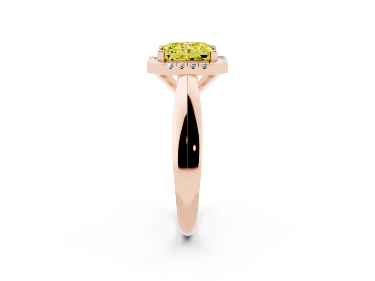 Fancy Yellow Radiant Cut Cut Halo Solitaire Engagement Ring with Square Band and Four-Prong Setting Rose gold
