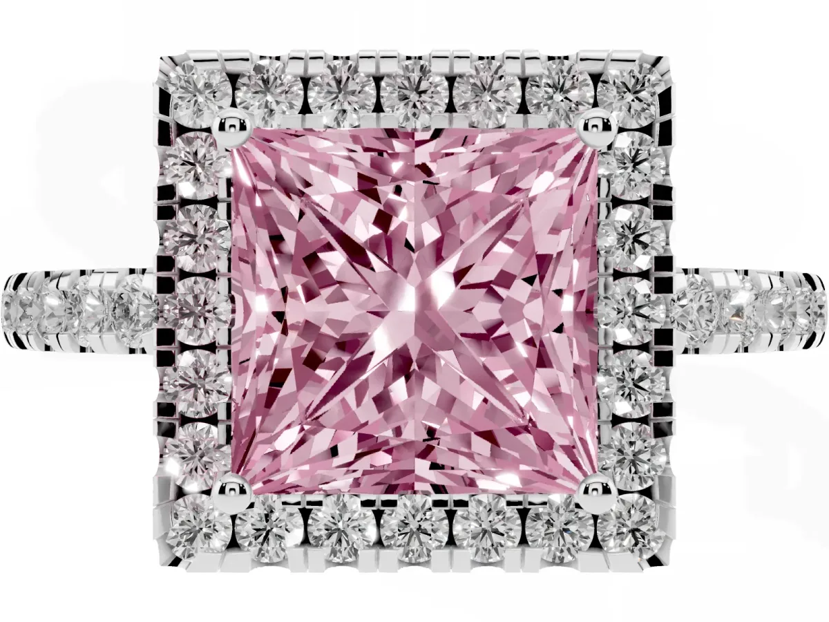 Fancy Pink Princess Cut Halo Diamond Engagement Ring with Pavé Band and Four-Prong Setting Silver