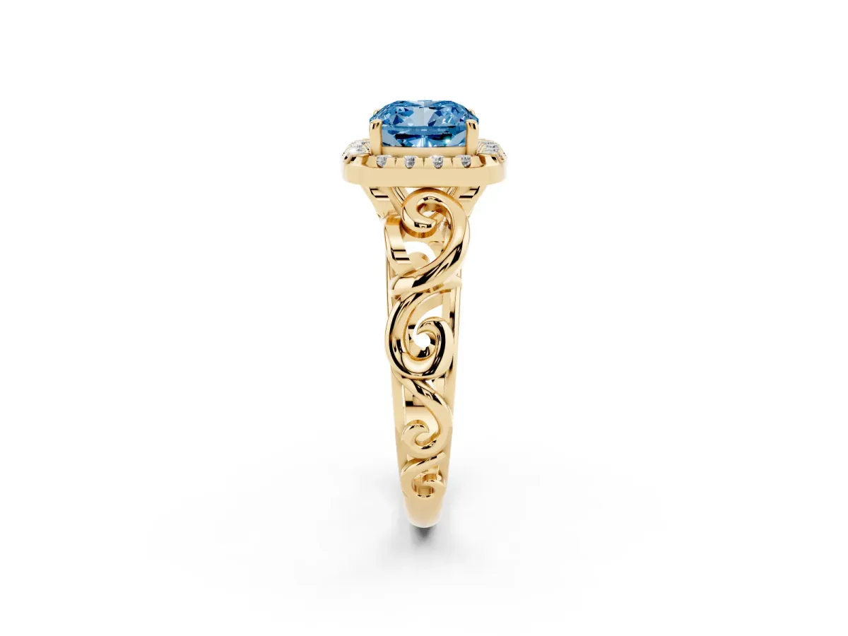 Fancy Blue Cushion Cut Cut Halo Diamond Ring with Scrollwork Band and Four-Prong Setting Yellow gold