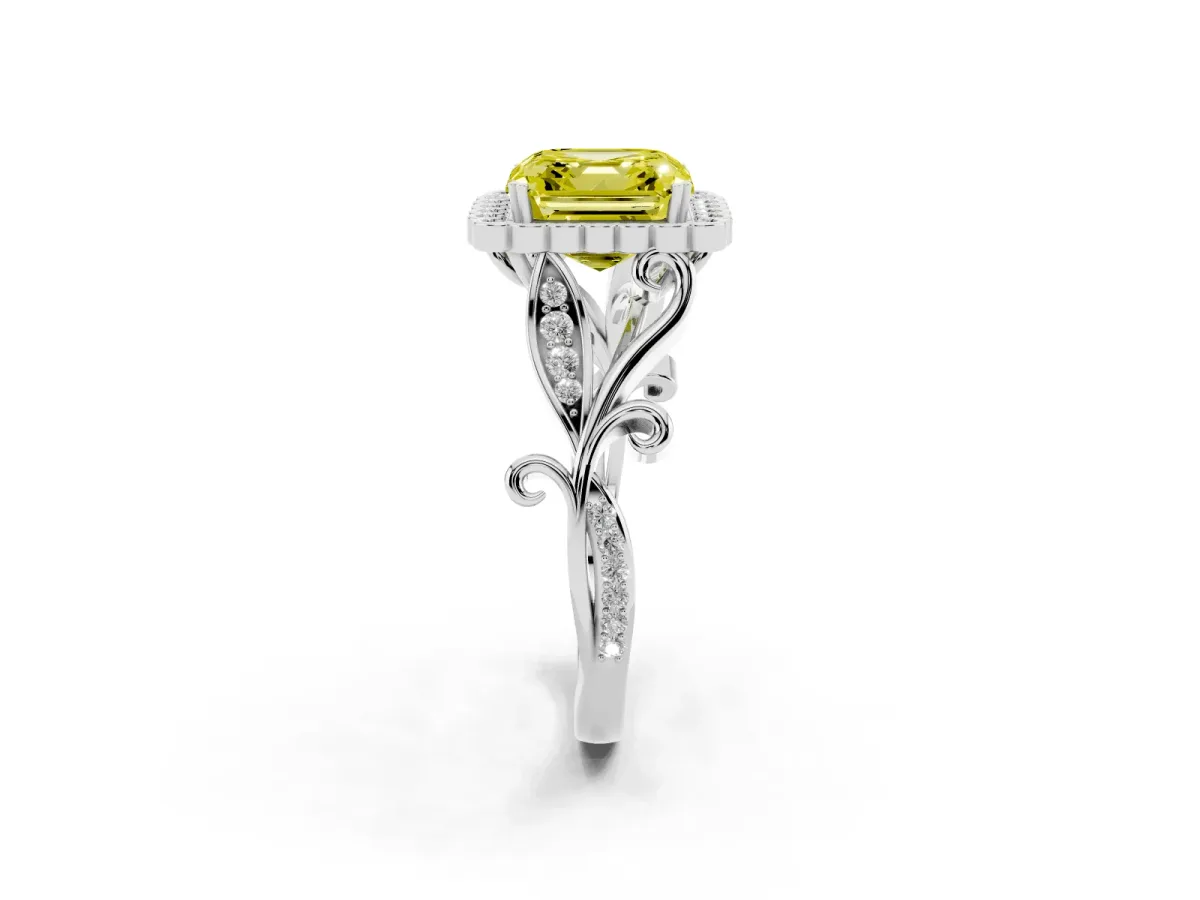 Fancy Yellow Asscher Cut Diamond Halo Ring with Vintage Split Shank and Four-Prong Setting Silver