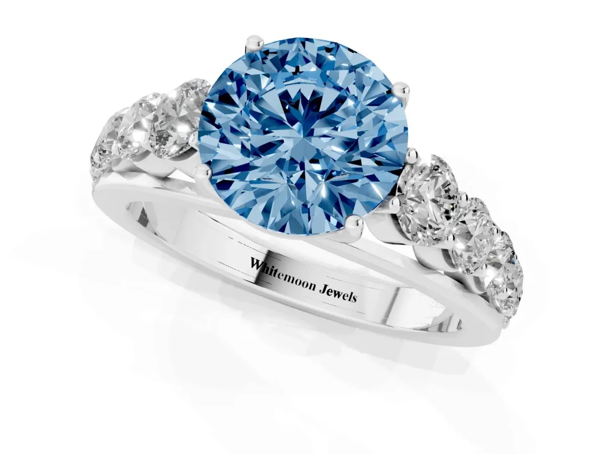 Fancy Blue Round Cut Brilliant Diamond Pavé Band with Six-Prong Setting Silver