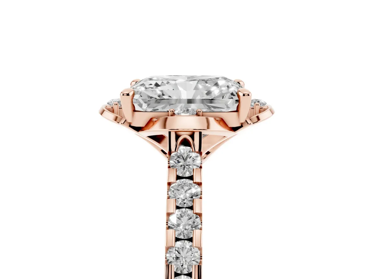 Radiant Cut Diamond Ring with Pavé Band and Floral Prong Setting Rose gold