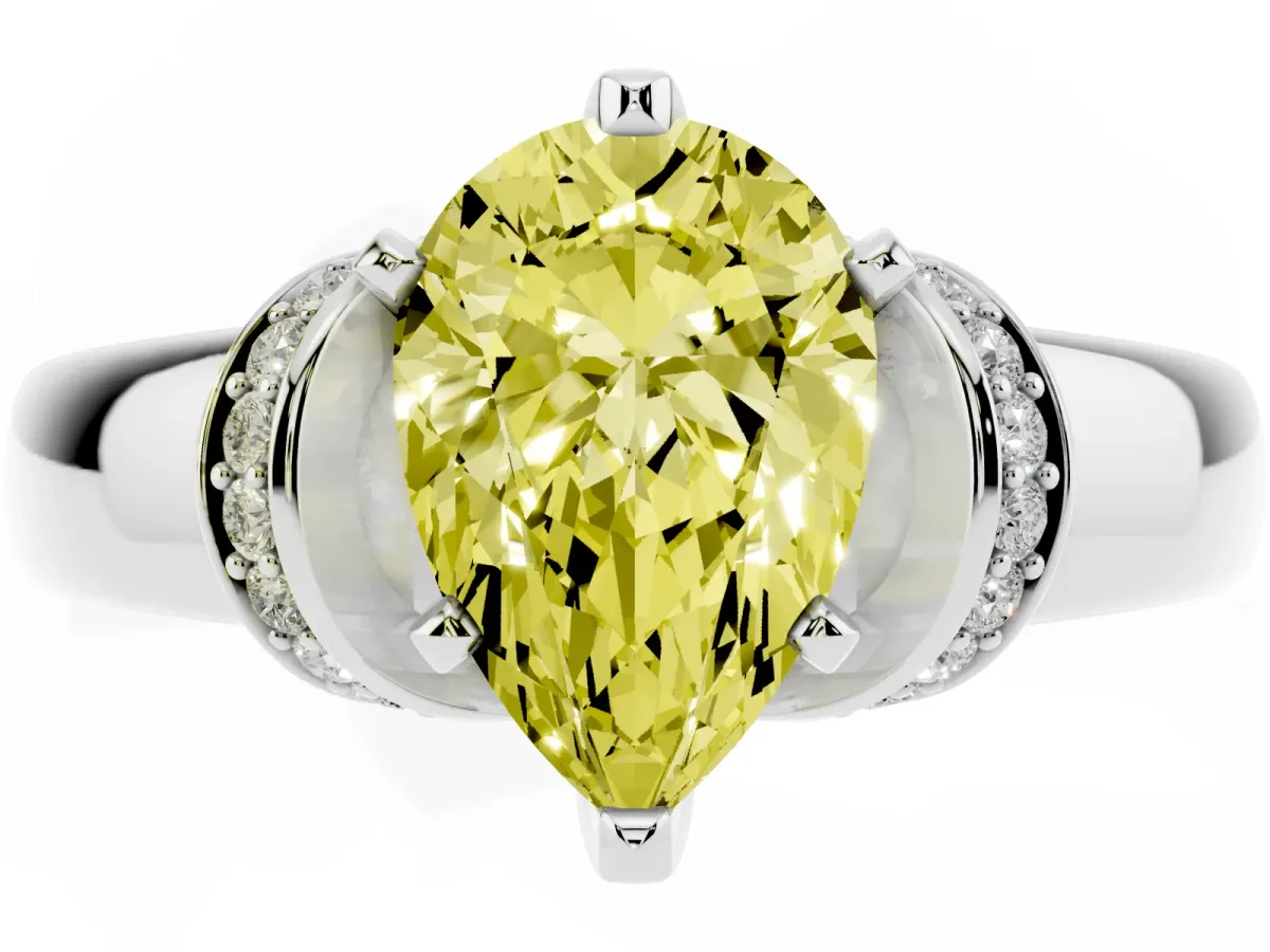 Fancy Yellow Pear Cut Solitaire Diamond Ring with Pave Band and Six-Prong Setting Silver