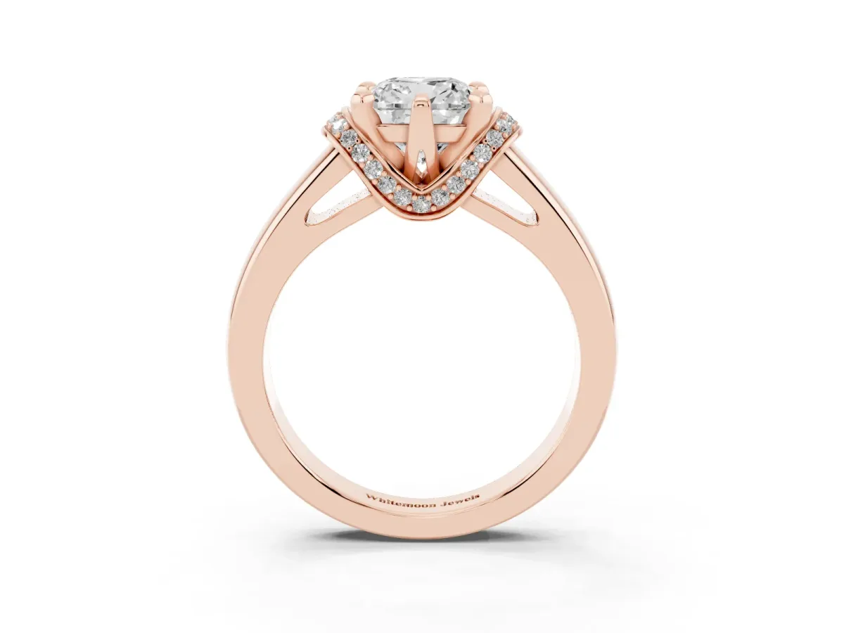 Cushion Cut Solitaire Diamond Ring with Pave Band and Six-Prong Setting Rose gold