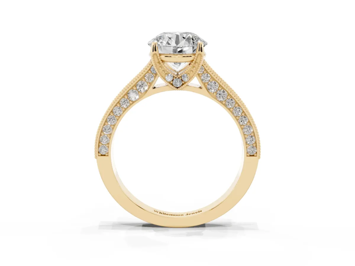 Round Cut Cut Diamond Solitaire Ring with Milgrain Pave Band and Four Prong Setting Yellow gold