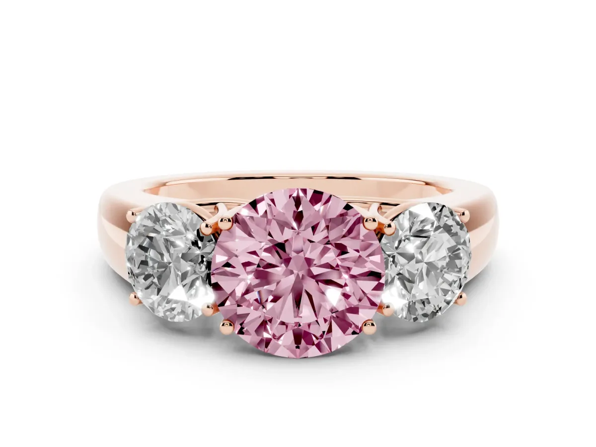 Fancy Pink Three-Stone Round Cut Cut Diamond Ring with Prong Setting and Classic Band Rose gold