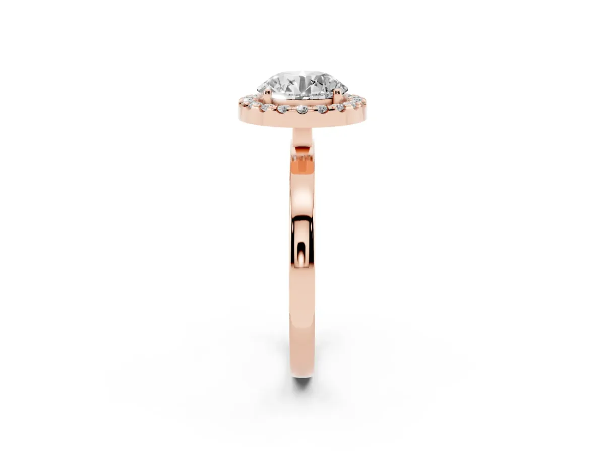 Round Cut Halo Diamond Solitaire with Pavé Band and Four-Prong Setting Rose gold