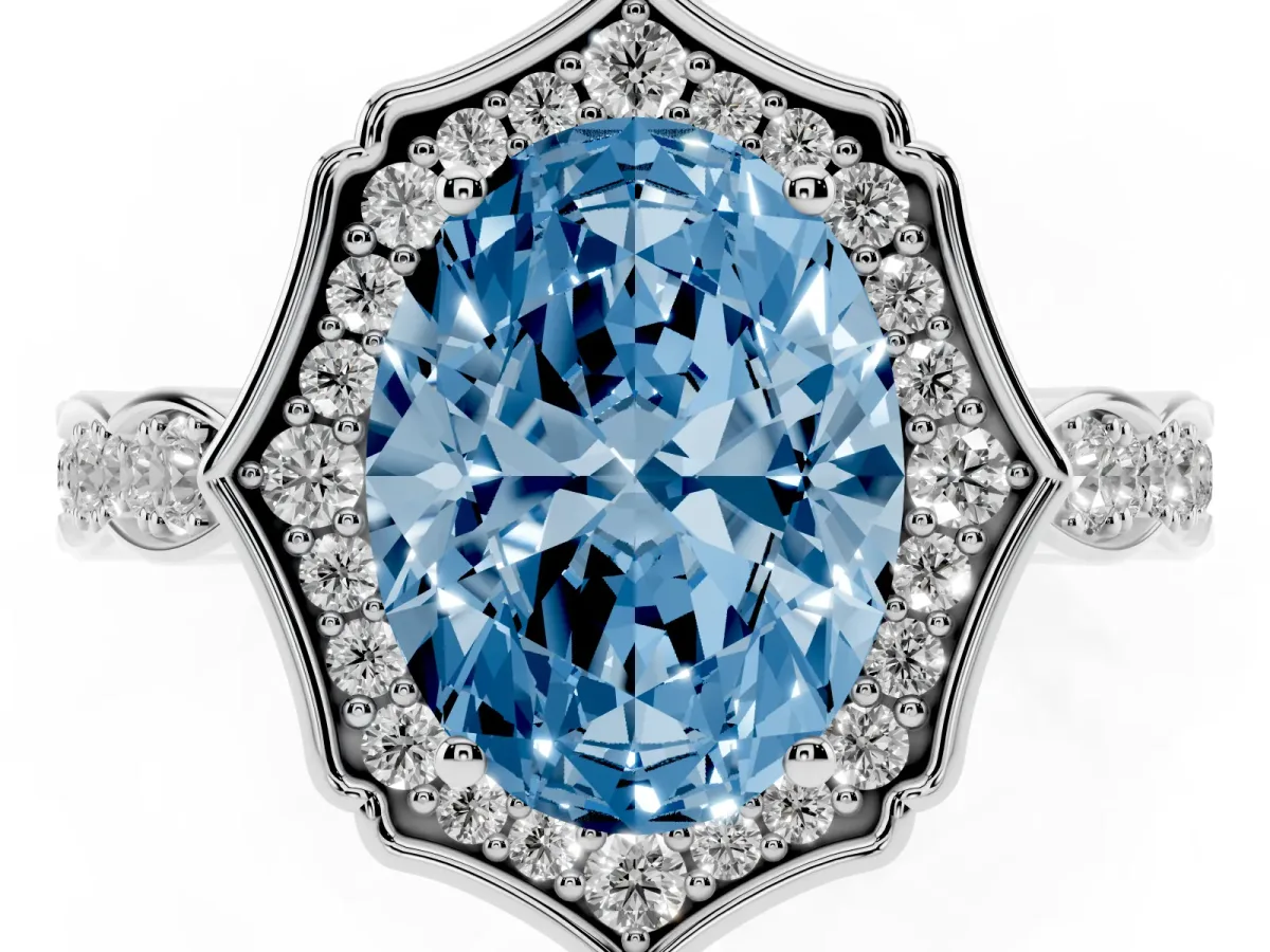 Fancy Blue Oval Cut Halo Diamond Engagement Ring with Milgrain Band and Four-Prong Setting White gold